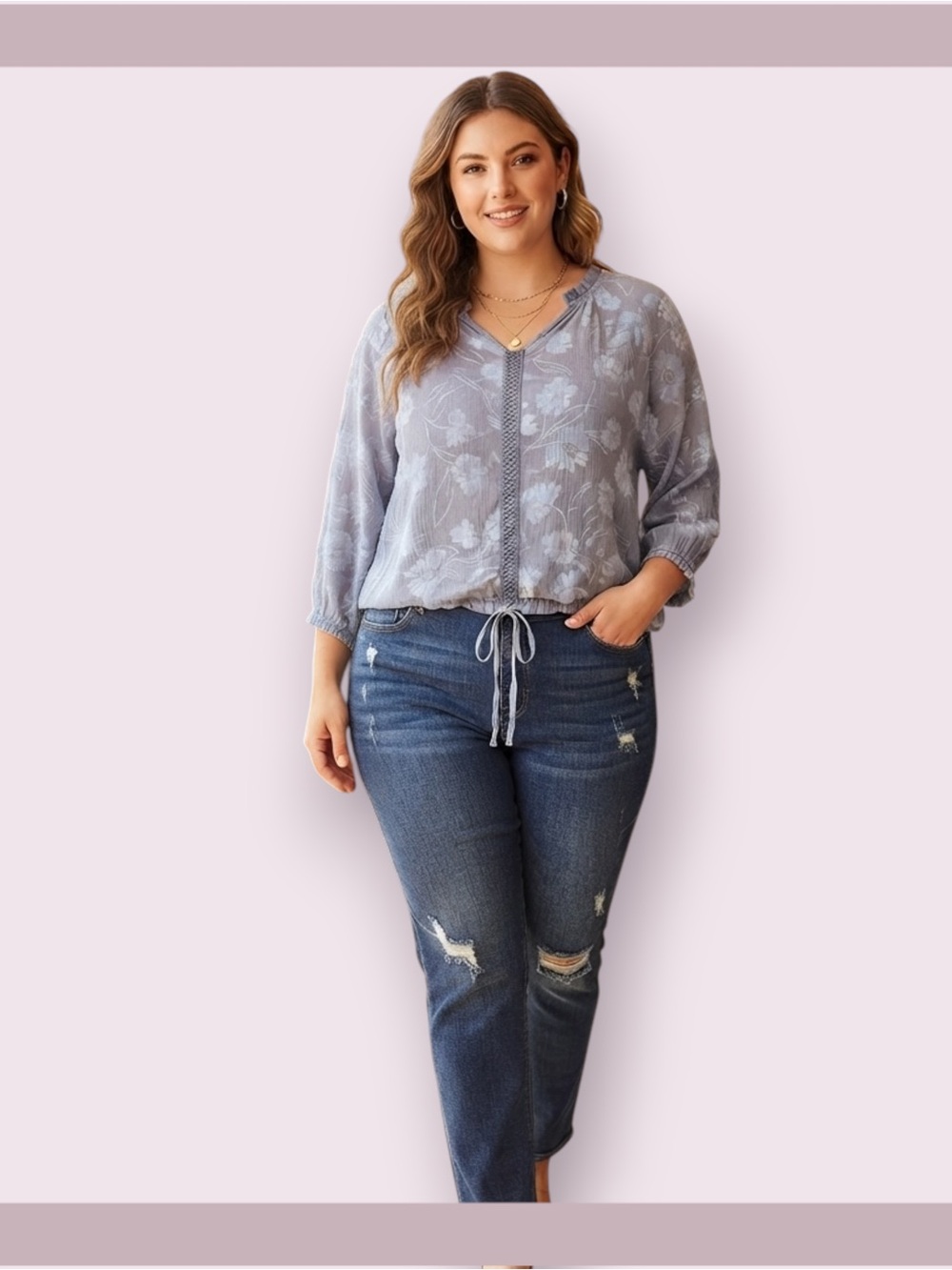 Como Blu V-Neck Popover Peasant Blouse